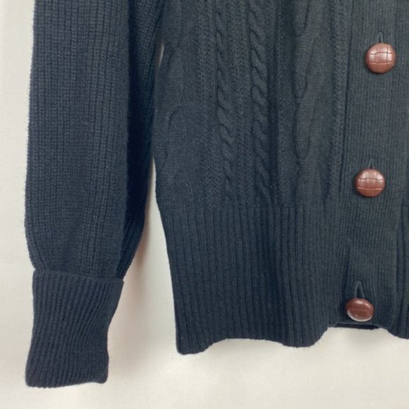 NWT J.Crew M Cardigan Cable Knit Black & Brown Faux Leather Buttons Lamb… - Picture 9 of 12